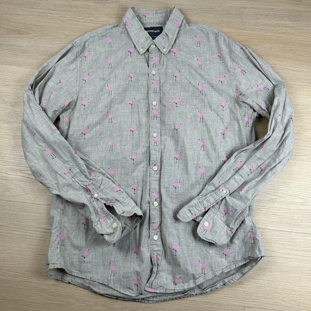 Bonobos Mens Large Slim Fit Grey Pink Flamingo Print Long Sleeve Button Shirt